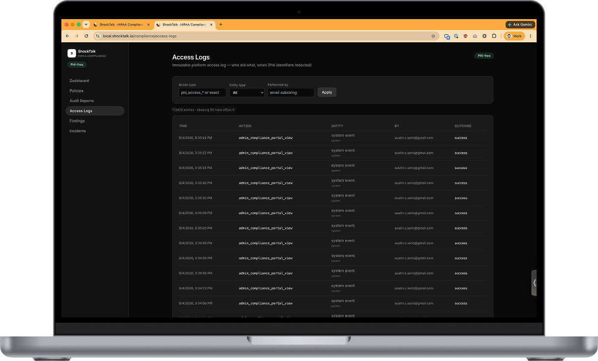 Immutable platform access log — who did what and when, with PHI identifiers redacted