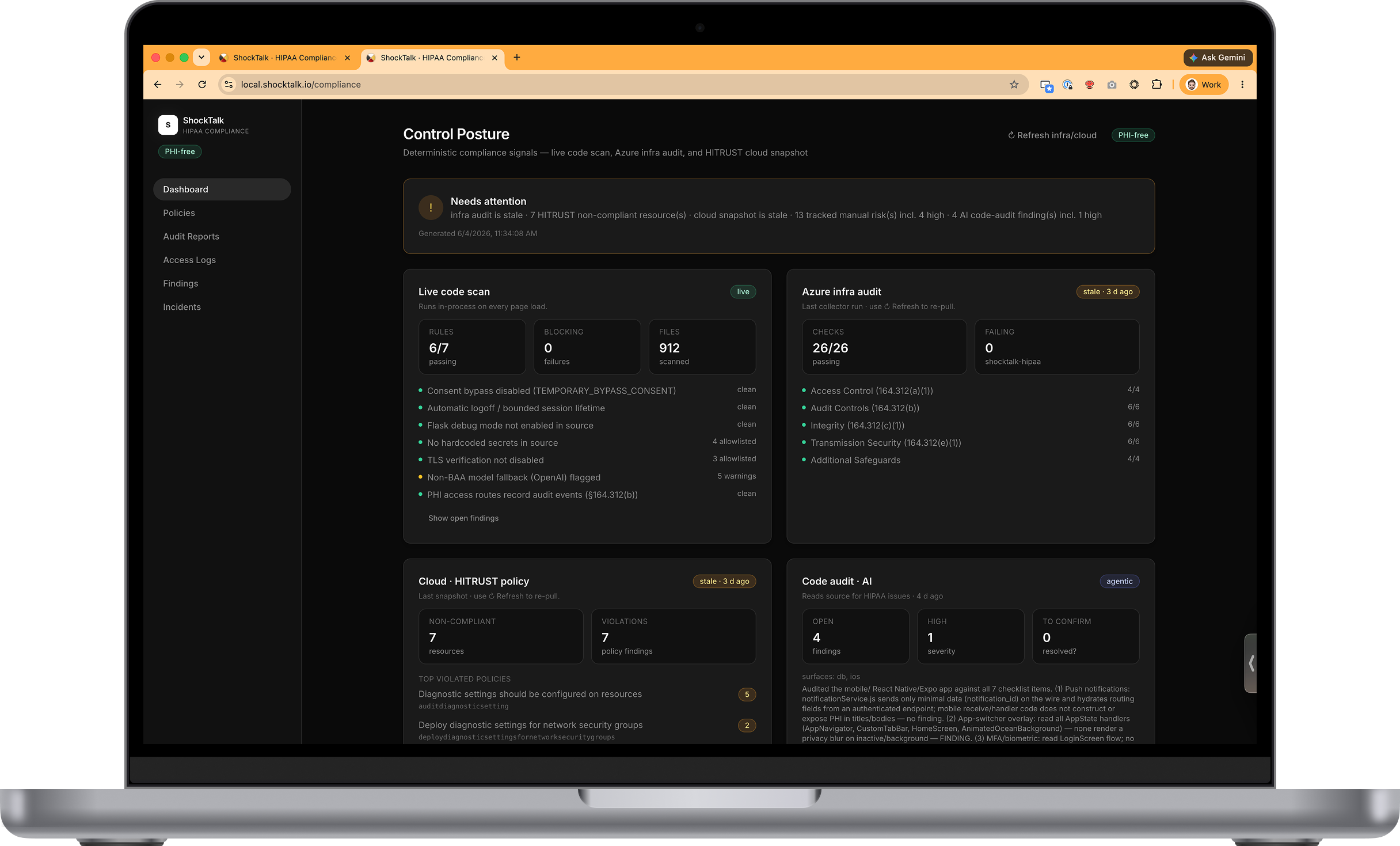 ShockTalk HIPAA compliance dashboard — Control Posture showing the live code scan, Azure infra audit, HITRUST snapshot, and AI code audit