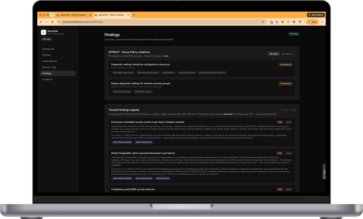 Findings register — HITRUST Azure Policy violations and a tracked findings register of human-curated and agent-discovered risks