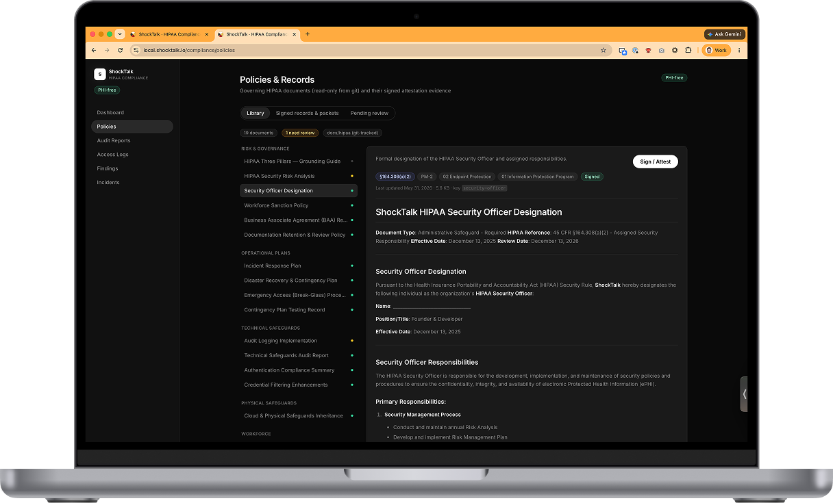 Policies and Records — governing HIPAA documents tracked in git, with a sign and attest workflow