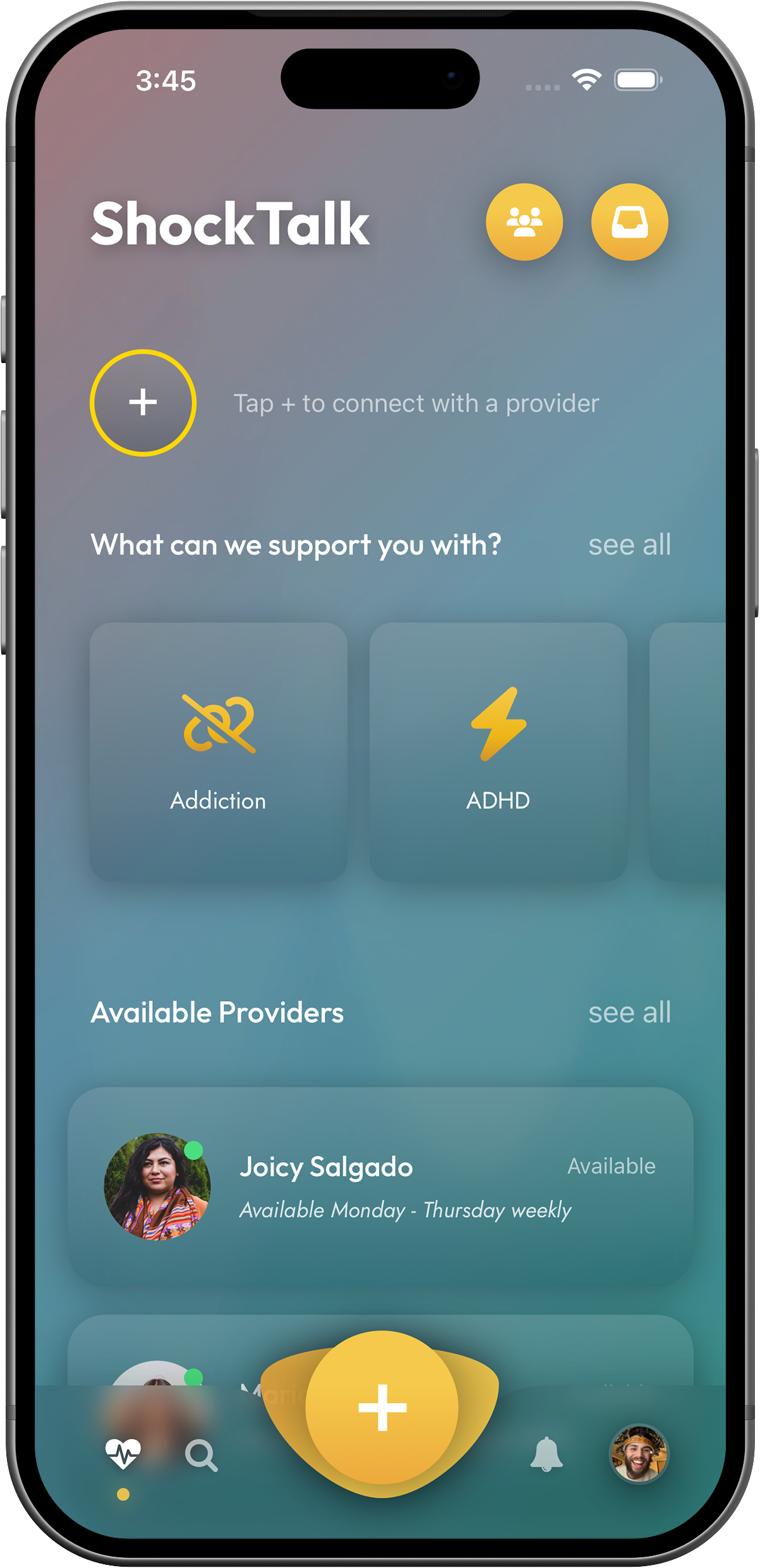 ShockTalk iOS home: Tap + to connect, support topics, and available providers