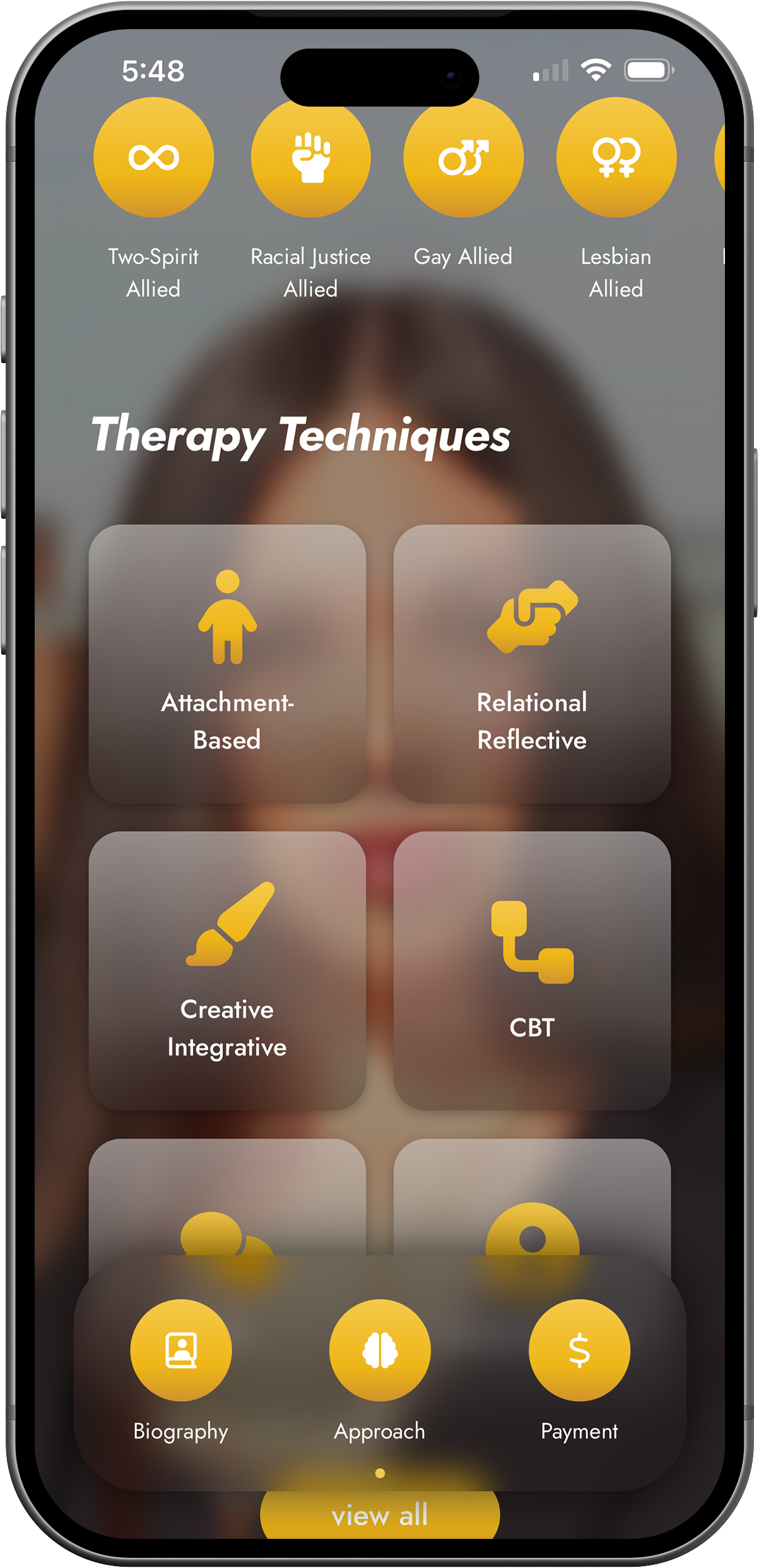 Provider approach tab with identity affiliations and therapy technique grid