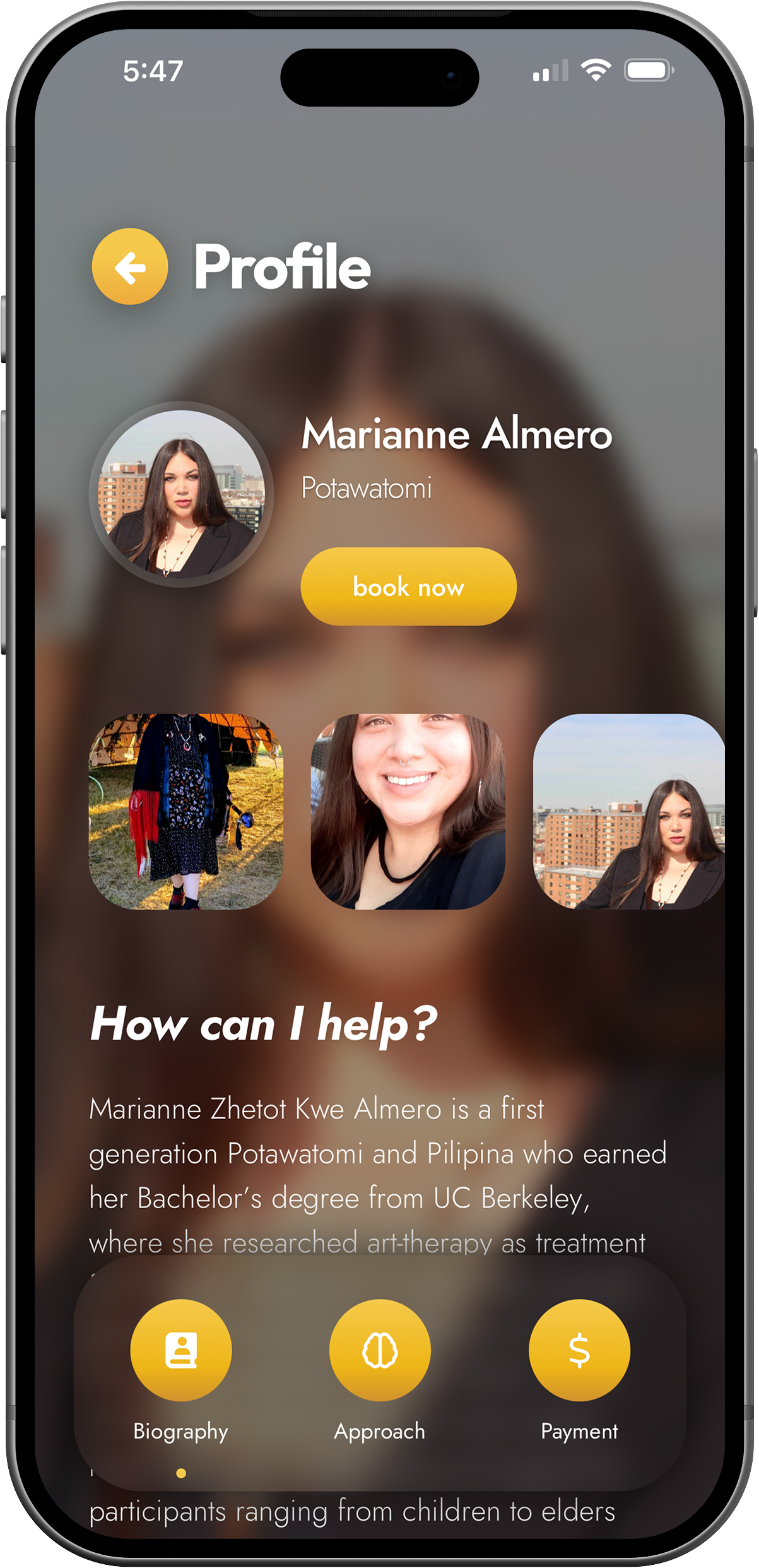 Provider profile biography tab with name tribal affiliation book now and photos