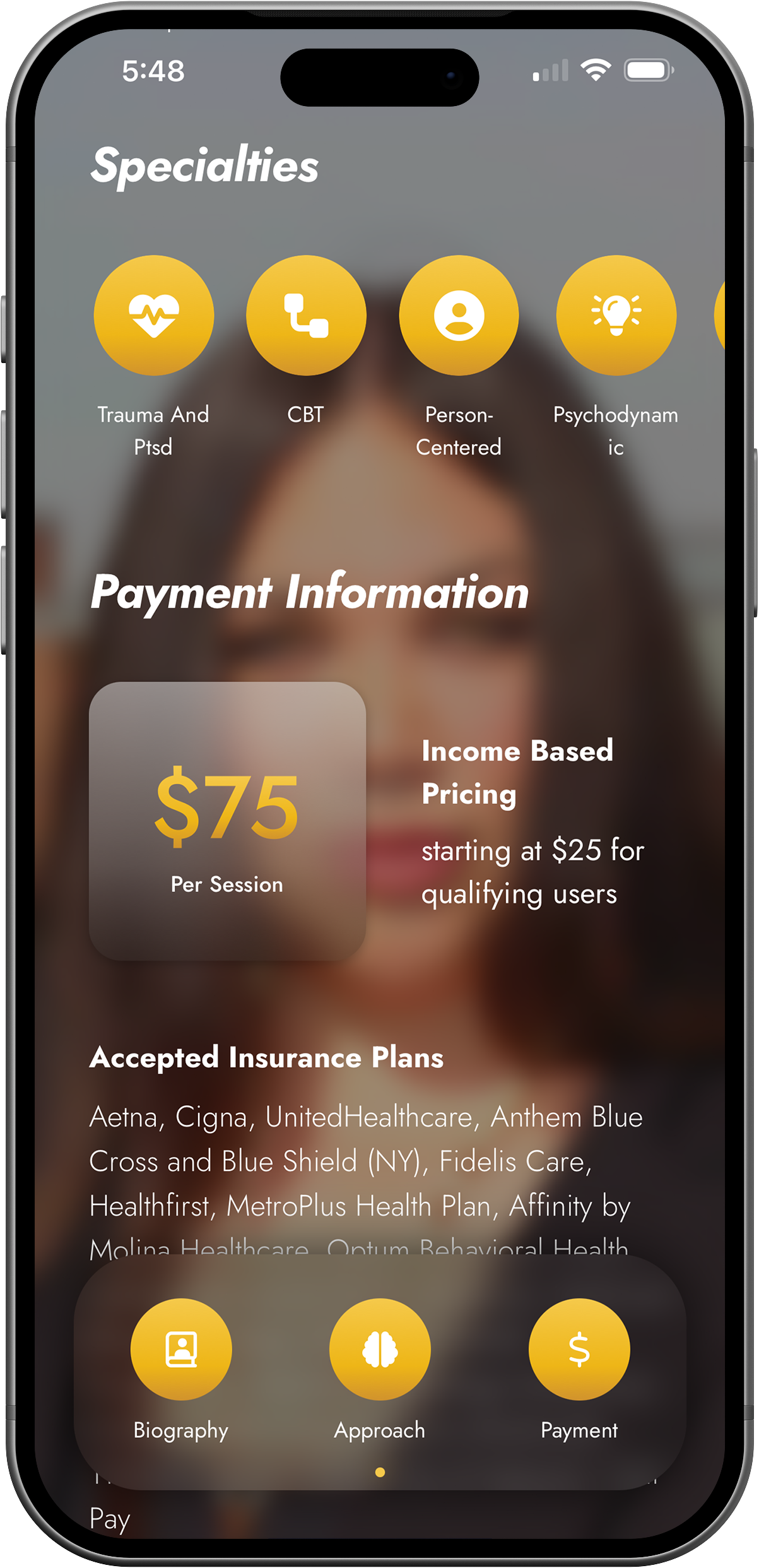 Provider profile payment tab with specialties icons session rate and insurance list