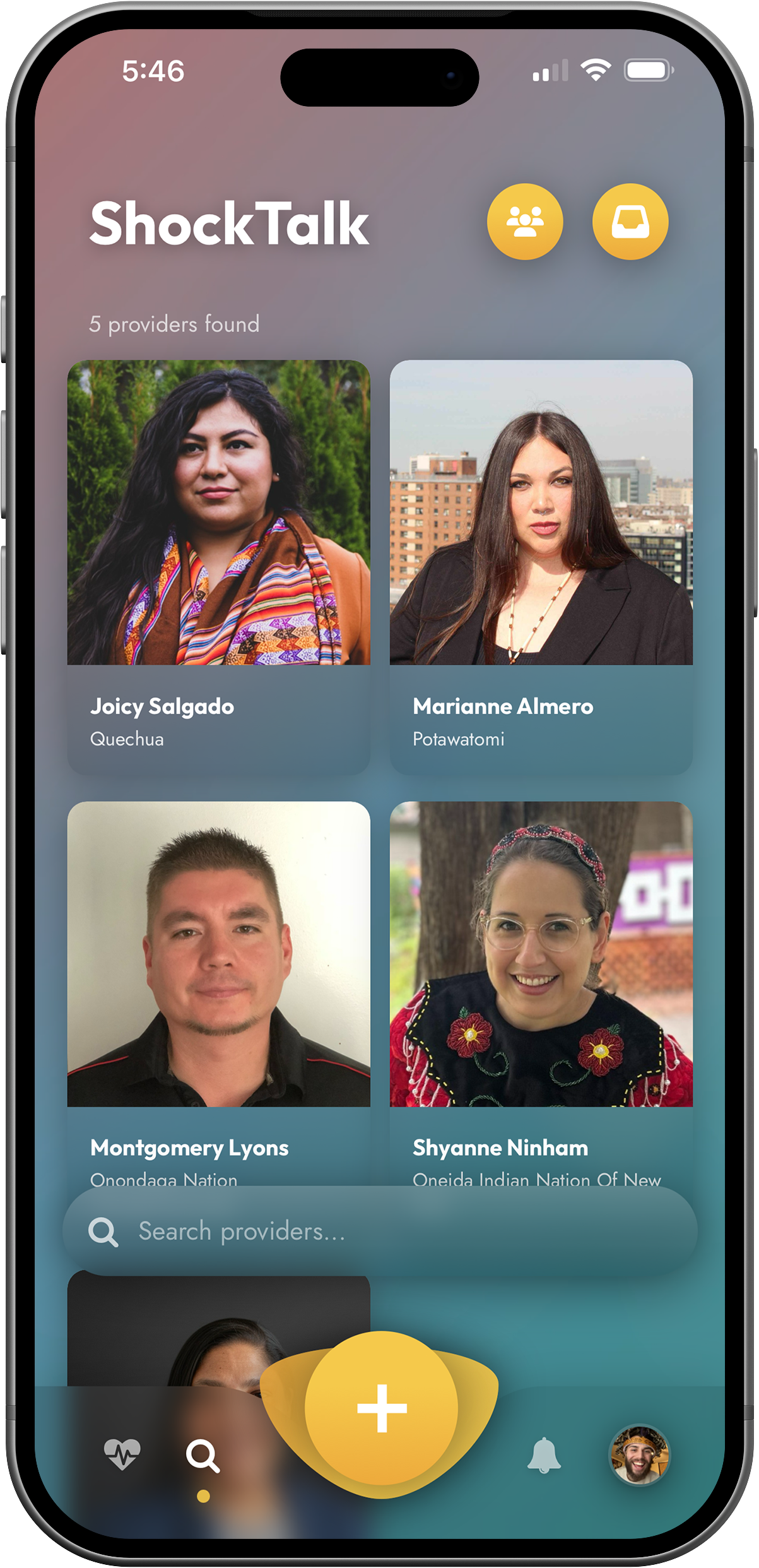 ShockTalk iOS search results listing providers with tribal nation shown under each name