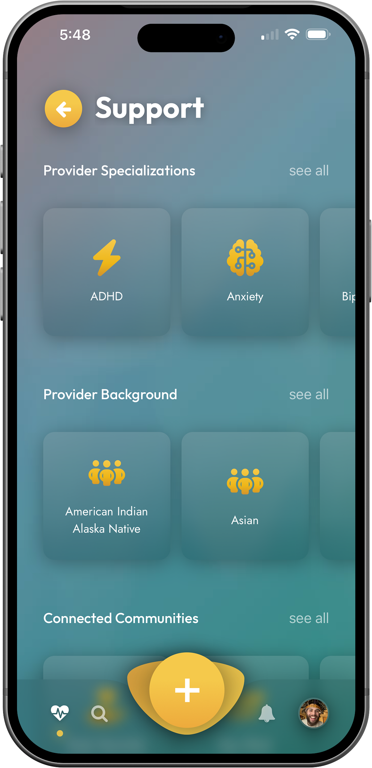 ShockTalk Support screen with Provider Specializations and Provider Background carousels
