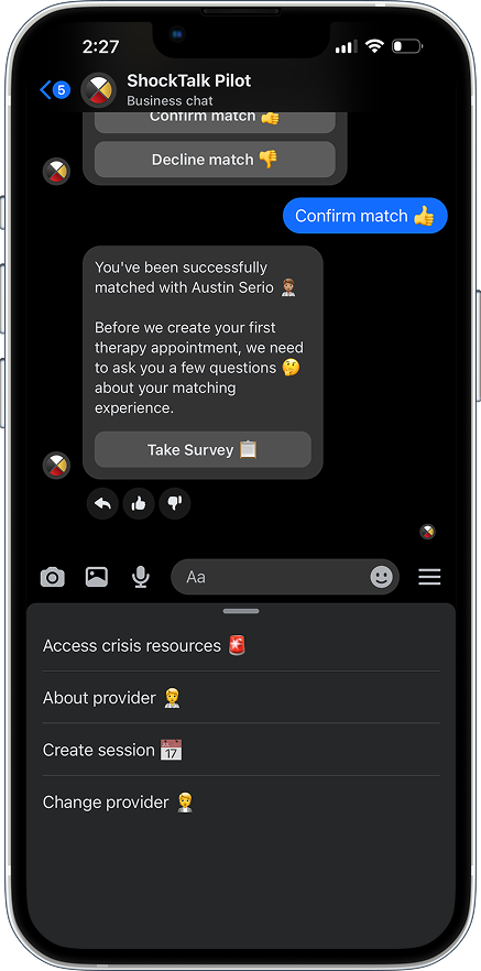 Messenger booking confirmation with persistent menu including Access crisis resources