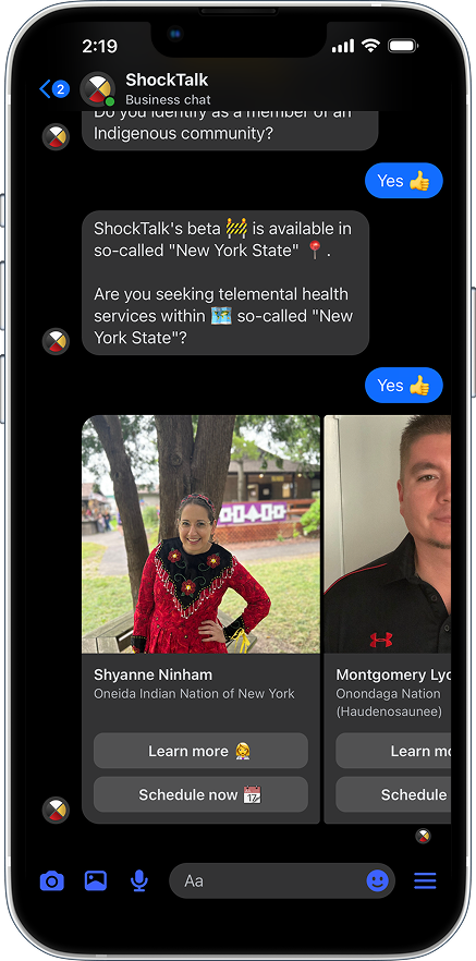 ShockTalk Messenger pilot: onboarding in chat with provider cards and tribal nation on each card