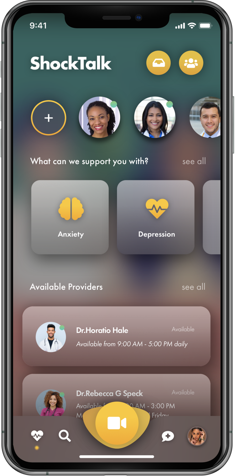 ShockTalk early high-fidelity prototype screens from 2020