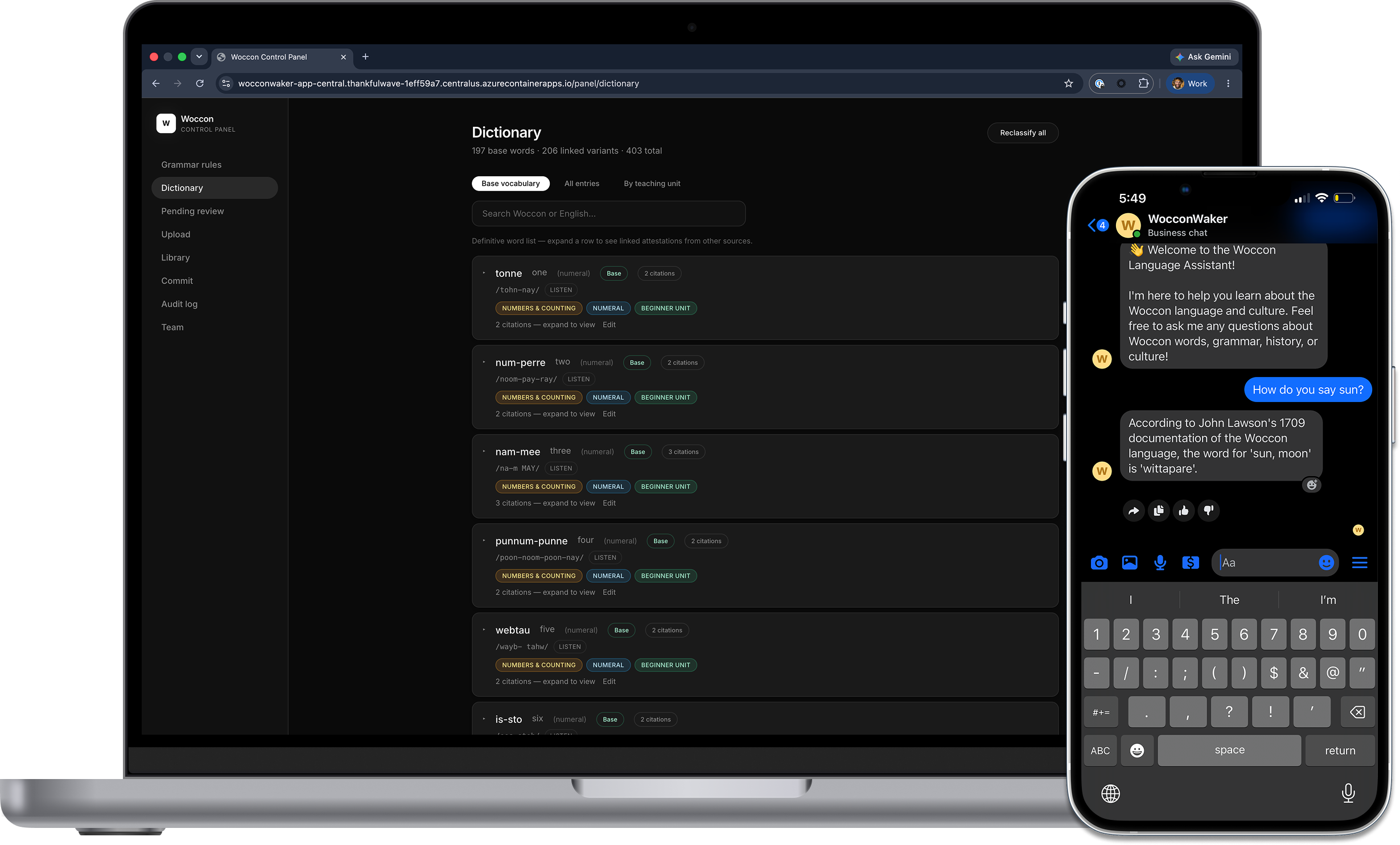 WocconWaker control panel showing the Woccon dictionary on desktop alongside the Messenger language assistant on mobile