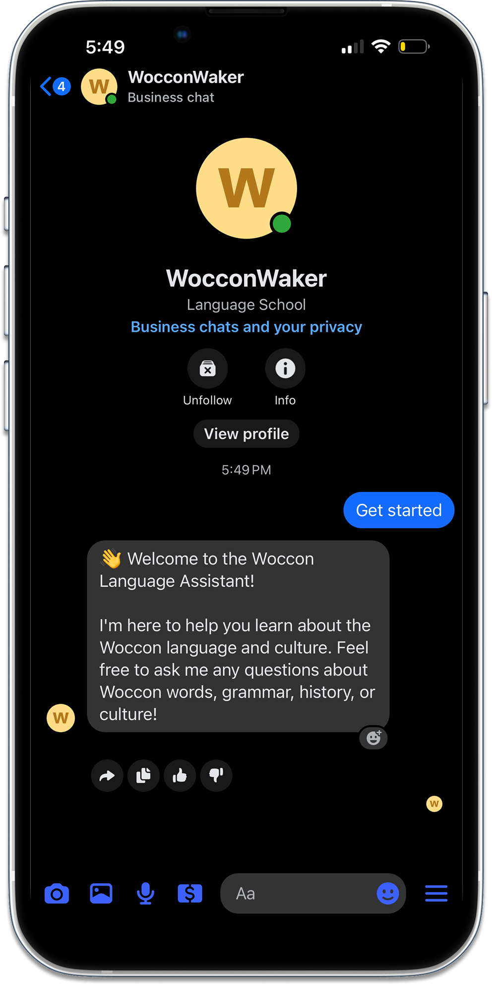 WocconWaker Messenger welcome screen inviting the user to ask about Woccon words, grammar, history, or culture